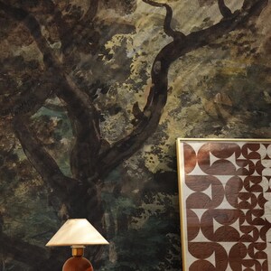 Dark forest removable wallpaper, Enchanted landscape, Watercolor painting with trees 78 image 2
