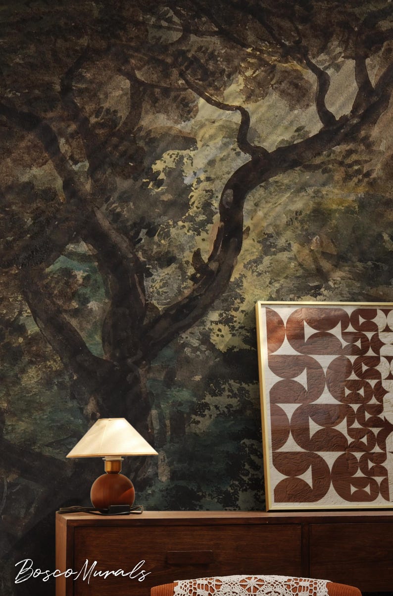 Dark forest removable wallpaper, Enchanted landscape, Watercolor painting with trees 78 image 2