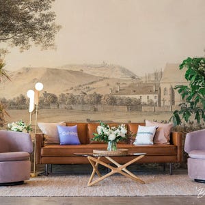 Classic European church scenery wall mural, Pastoral wallpaper, Timeless countryside scene wall covering 54