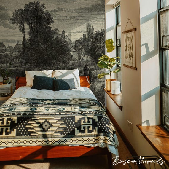 Calm day at the lake wallpaper, Moody wallpaper, Removable mural, Vintage wallpaper, Gloomy forest, Peel and stick 11