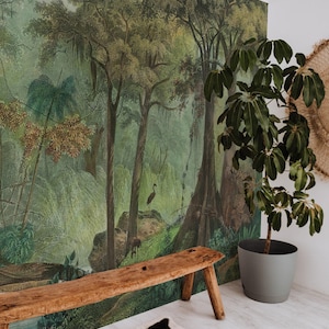 Tropical jungle wallpaper, Peel and stick, Vintage rainforest mural, Lush greenery decor, Botanical jungle design 07