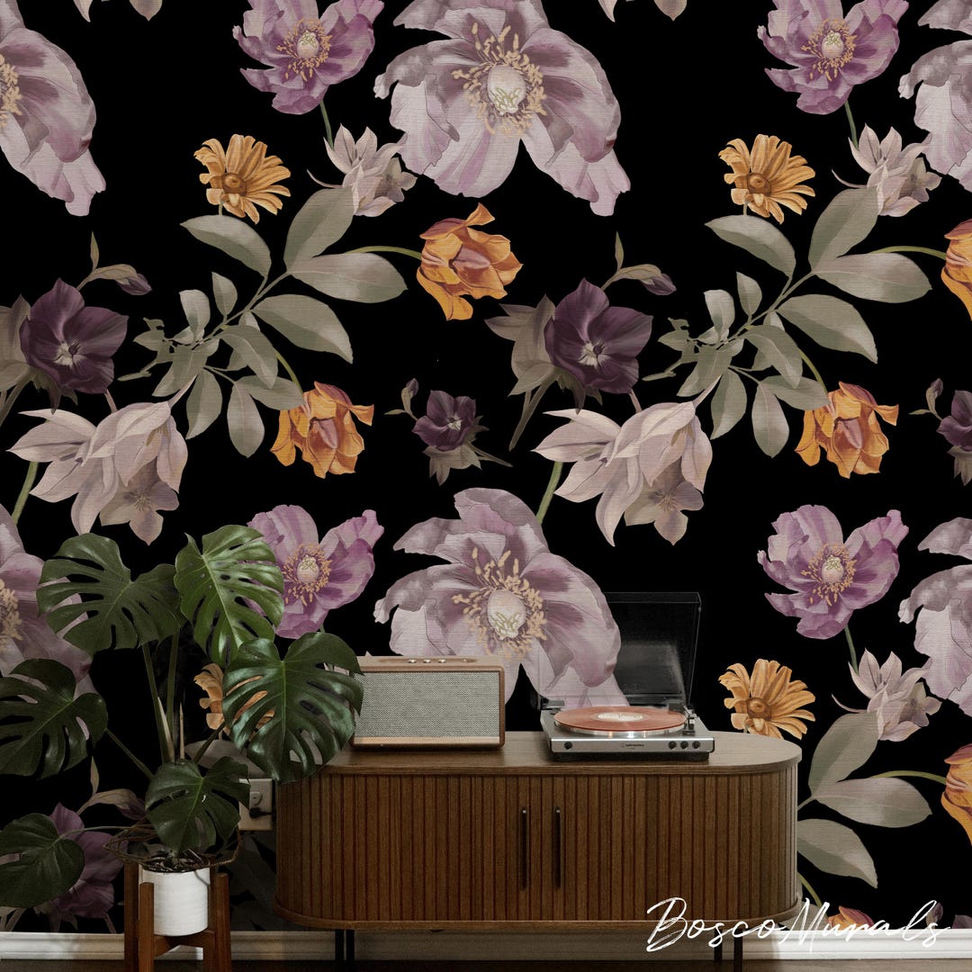 Dark Moody Floral Wallpaper, Vintage Botanical Peel and Stick Mural ...