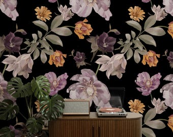 Dark Moody Floral Wallpaper, Vintage Botanical Peel and Stick Mural, Removable Victorian Dark Academia Accent Wall Decor 261