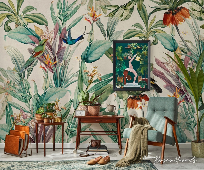 Vintage Exotic Leaves And Birds Removable Wall Mural, Tropical Peel And Stick Wallpaper 26 image 1