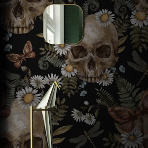 Mystery skull dark botanical wallpaper, Skull and butterfly motif natural and supernatural home art 167