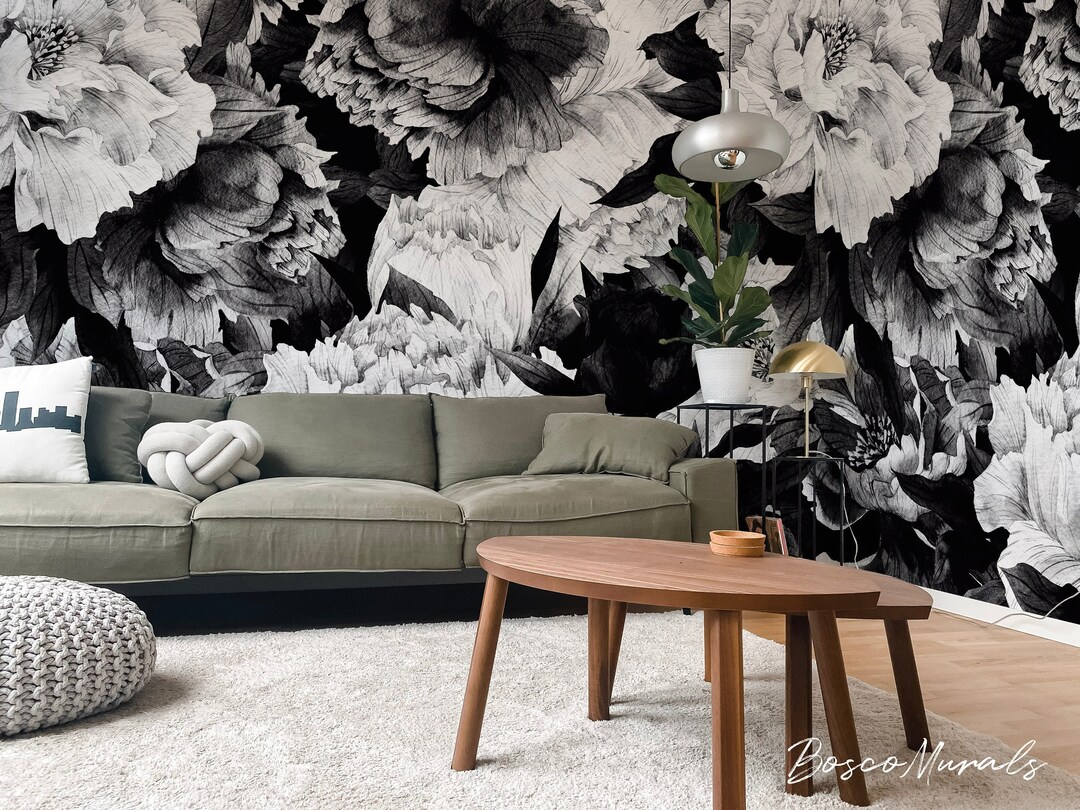 Monochrome Dark Peony Flowers Removable Wall Mural, Botanical Gothic ...