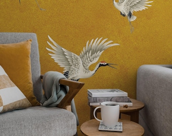 Mustard Dancing Cranes In Japanese Vintage Style Wallpaper, Chinese Birds Wall Mural 68