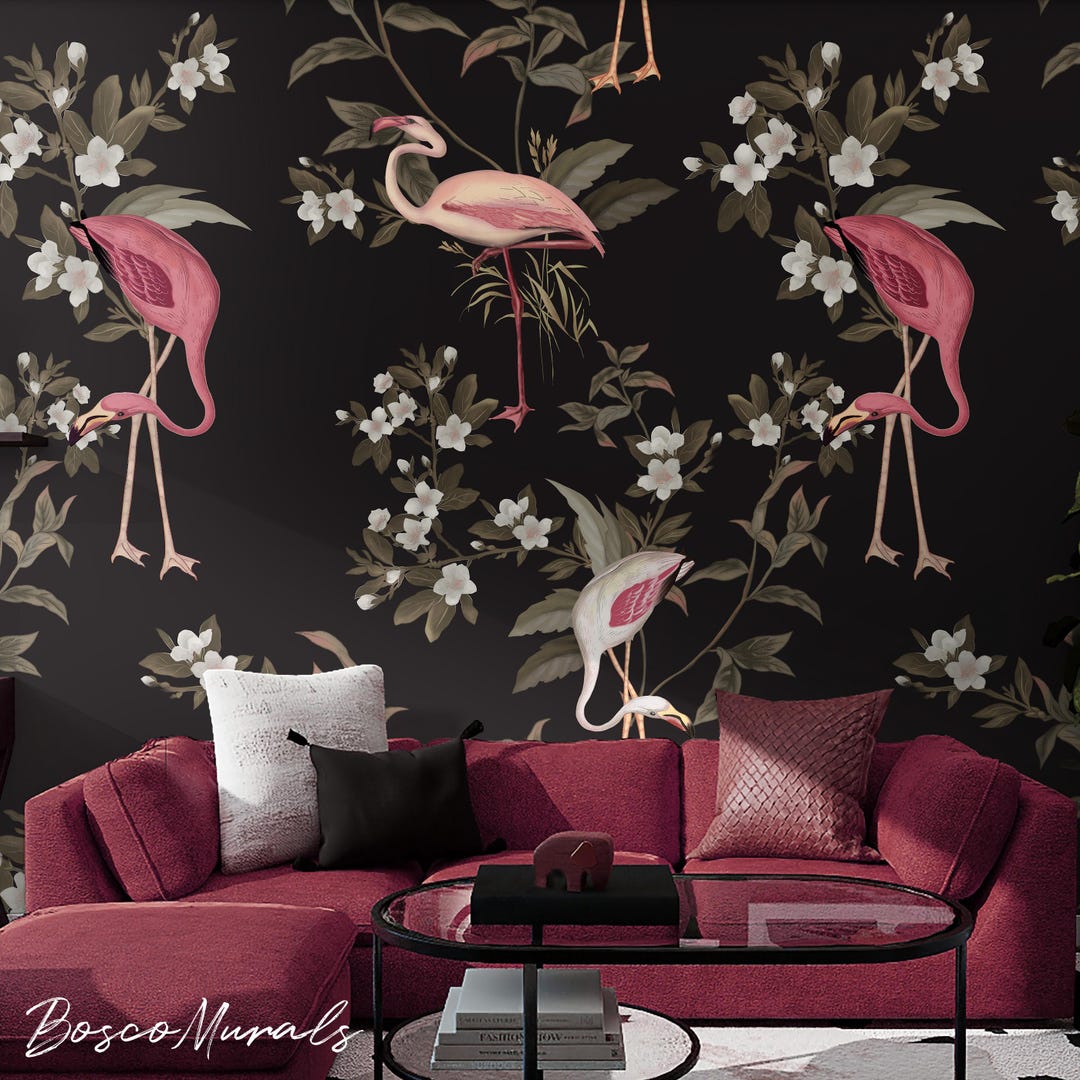 Dark Flamingo Wallpaper Vintage Botanical, Chinoiserie Peel and Stick ...