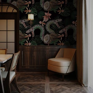 Embroidery snake and coconut wallpaper, Tropical paradise in you home, Floral wall mural with animals 166