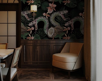 Embroidery snake and coconut wallpaper, Tropical paradise in you home, Floral wall mural with animals 166