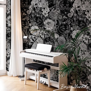 Cat floral noir wallpaper, Dark animals wallcovering, Animals pattern for elegant room decoration 136
