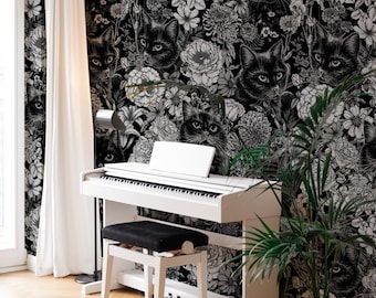 Cat floral noir wallpaper, Dark animals wallcovering, Animals pattern for elegant room decoration 136