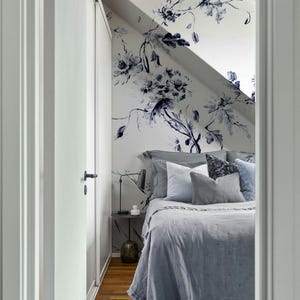 Floral toile wallpaper, Navy botanical print, Elegant French-inspired wall art, Chinoiserie-inspired wallpaper  65