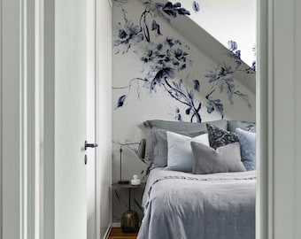 Floral toile wallpaper, Navy botanical print, Elegant French-inspired wall art, Chinoiserie-inspired wallpaper  65