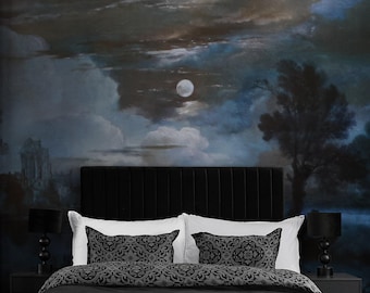 Dramatic moonlight mural, Gothic-Inspired sticker for moody home decor, Removable dark wallpaper, Moon and clouds 191