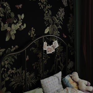 Dark botanical Gothic-Inspired mural for moody interiors, Removable floral wallpaper 133