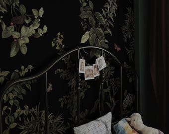 Dark botanical Gothic-Inspired mural for moody interiors, Removable floral wallpaper 133