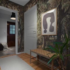 Dark forest removable wallpaper, Enchanted landscape, Watercolor painting with trees 78