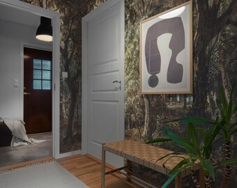 Dark forest removable wallpaper, Enchanted landscape, Watercolor painting with trees 78