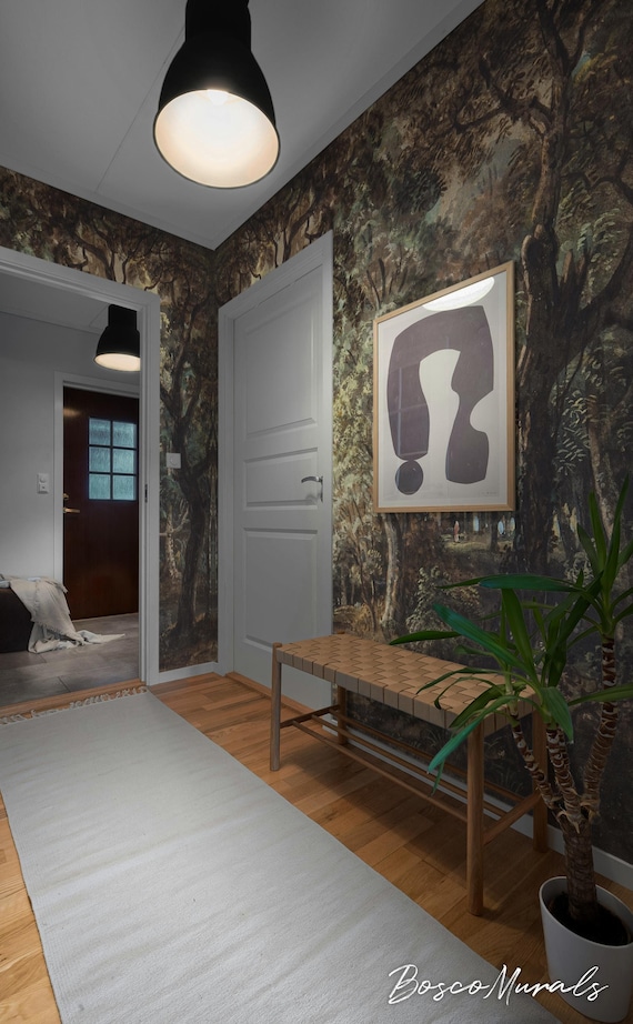 Dark forest removable wallpaper, Enchanted landscape, Watercolor painting with trees 78