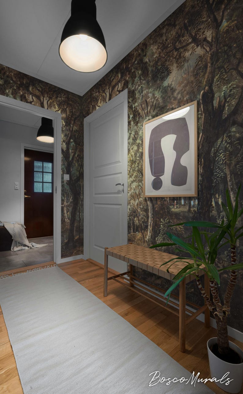 Dark forest removable wallpaper, Enchanted landscape, Watercolor painting with trees 78 image 1