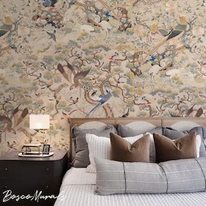 Vintage Chinoiserie Wallpaper, Antique Bird Tree Mural, Beige Blue Peel and Stick, Removable Victorian Wall Art 263