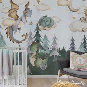 Cute dragons fantasy peel and stick wallpaper, animals art for baby room 95