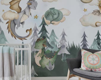 May include: A watercolor mural featuring a whimsical forest scene with three green and gray dragons. The dragons are flying and sleeping in the clouds. The mural is perfect for a nursery or child's room.