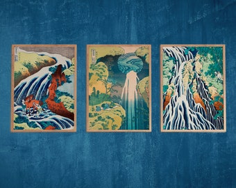 Set of 3 Waterfalls by Katsushika Hokusai posters, Japanese unframed wall hanging No.1