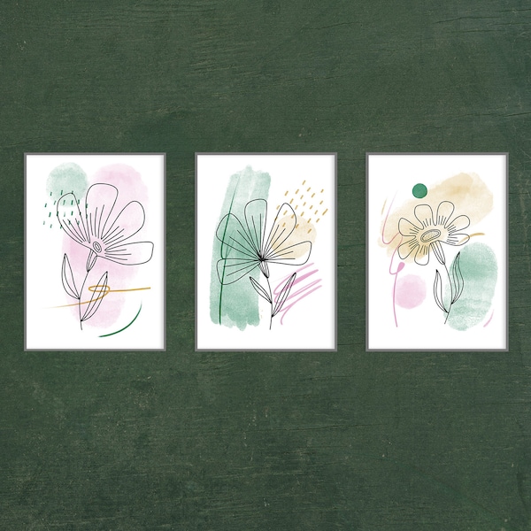 Abstract wildflowers posters 3 set, Aquarelle plants posters no frame No.10