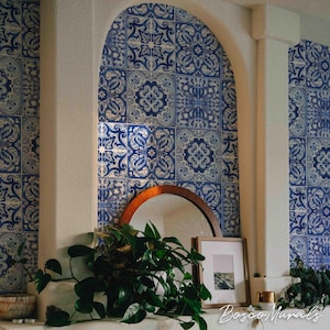 Vintage Blue & White Tile Wallpaper, Portuguese Azulejo Peel and Stick Mural, Mediterranean Pattern Wall DecorEuropean Tile Design 67