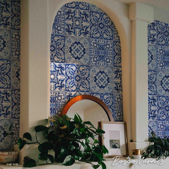 Vintage Blue & White Tile Wallpaper, Portuguese Azulejo Peel and Stick Mural, Mediterranean Pattern Wall DecorEuropean Tile Design 67