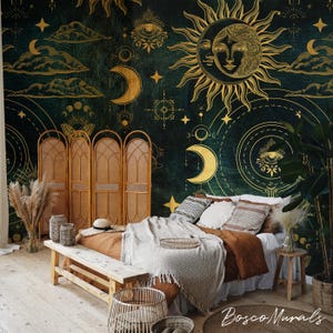 Mystical Celestial Wallpaper, Gold Sun and Moon Mural, Cosmic Astrology Wall Decor, Occult Boho Peel & Stick Wallpaper 80