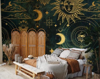 Mystical Celestial Wallpaper, Gold Sun and Moon Mural, Cosmic Astrology Wall Decor, Occult Boho Peel & Stick Wallpaper 80