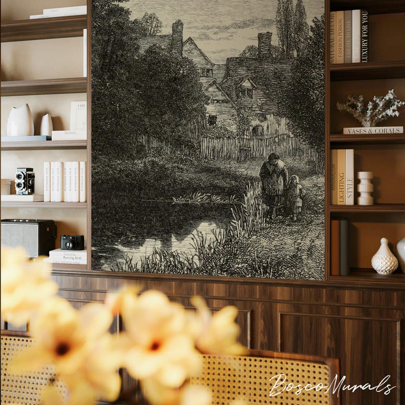 Calm day at the lake wallpaper, Moody wallpaper, Removable mural, Vintage wallpaper, Gloomy forest, Peel and stick 11 image 2