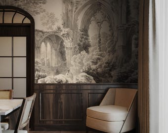 Vintage Fantasy Scenery Removable Wall Mural, Peel And Stick Material With Sketched forest 63