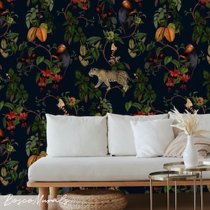 Dark Jungle Wallpaper, Tropical Leopard & Bird Botanical Mural, Moody Navy Exotic Peel and Stick, Removable Statement Wall Decor 202