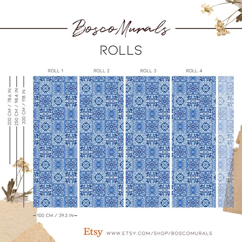 Vintage Blue & White Tile Wallpaper, Portuguese Azulejo Peel and Stick Mural, Mediterranean Pattern Wall DecorEuropean Tile Design 67 image 4