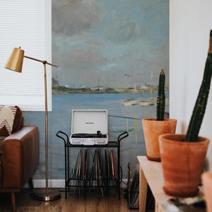 Coastal wallpaper, Removable wallpaper, Seaside boat, Cloudy wallpaper, Landscape painting, Nautical-themed art wallpaper 17