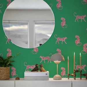 Candy Leo wallpaper, Vintage exotic cheetah, Removable wall mural, Tropical wallpaper, Peel and stick, Wild cat, Green wallpaper 181