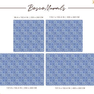 May include: Four different sizes of a blue and white patterned wallpaper mural. The sizes are 250 x 260 cm, 300 x 260 cm, 350 x 260 cm, and 400 x 260 cm.