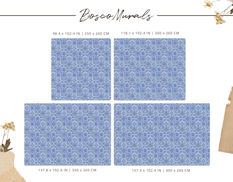 May include: Four different sizes of a blue and white patterned wallpaper mural. The sizes are 250 x 260 cm, 300 x 260 cm, 350 x 260 cm, and 400 x 260 cm.