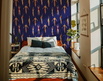 Retro wallpaper Swimmers, Removable wall decoration, Navy blue color cute whimsical nautical mural 105