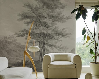 Lonely impressive tree wallpaper, Minimalist forest design, Removable wallpaper, Peel and stick, Vintage decor, Monochrome landscape 35