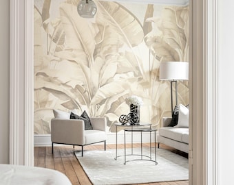 Banana Leaf Wallpaper, Temporary, Beige Wall Mural, Peel & Stick, Tropical Plants, Delicate Wall Covering, Living Room Bedroom 217