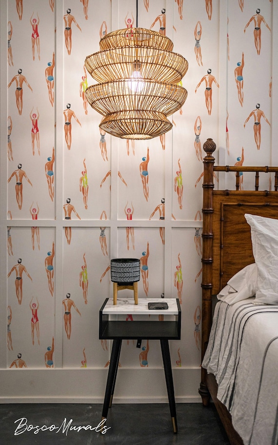 Nautical wallpaper Swimmers, Removable wall art, White background color cute whimsical mural 106