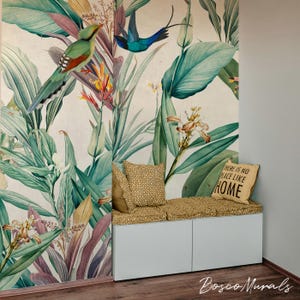 Vintage Exotic Leaves And Birds Removable Wall Mural, Tropical Peel And Stick Wallpaper 26