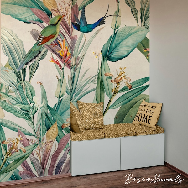 Vintage Exotic Leaves And Birds Removable Wall Mural, Tropical Peel And Stick Wallpaper 26