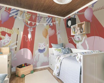 Cute Circus Wallpaper with Cats for Kids Room, Whimsical Peel and Stick Nursery Mural, Removable Playroom Animal Wall Decor 249