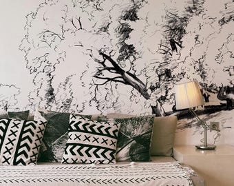 Sketched tree wallpaper for creating a cozy and calming atmosphere, Bright wall decor 175